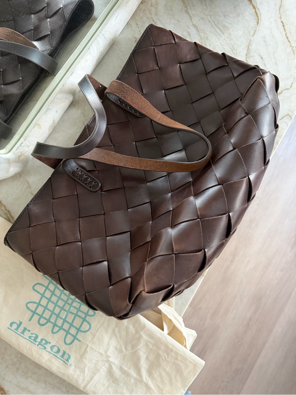 Dragon Diffusion Woven Leather Tote in Dark Brown